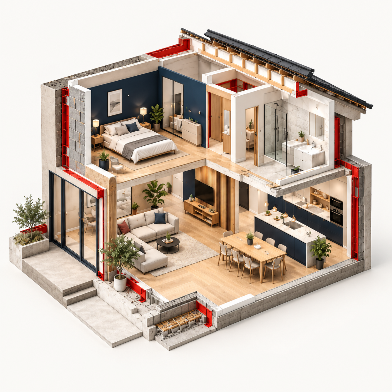 Maquette architecturale illustrative d’une maison en coupe, avec les différents espaces et corps de métier